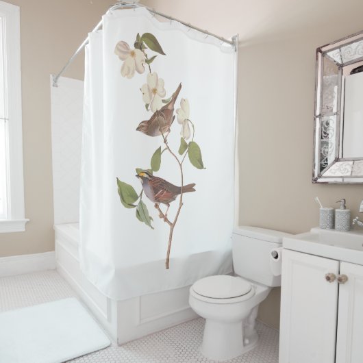 Witte geduroteerde mousserende audubon-vogels met  douchegordijn (In situ)