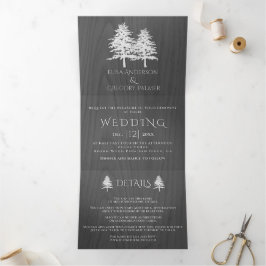 Witte geëmbosseerde bomen op grijze houten winterb drieluik uitnodiging