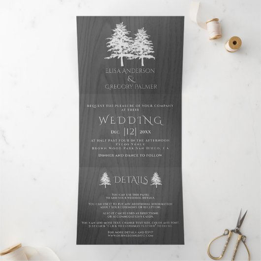 Witte geëmbosseerde bomen op grijze houten winterb drieluik uitnodiging (Binnen)