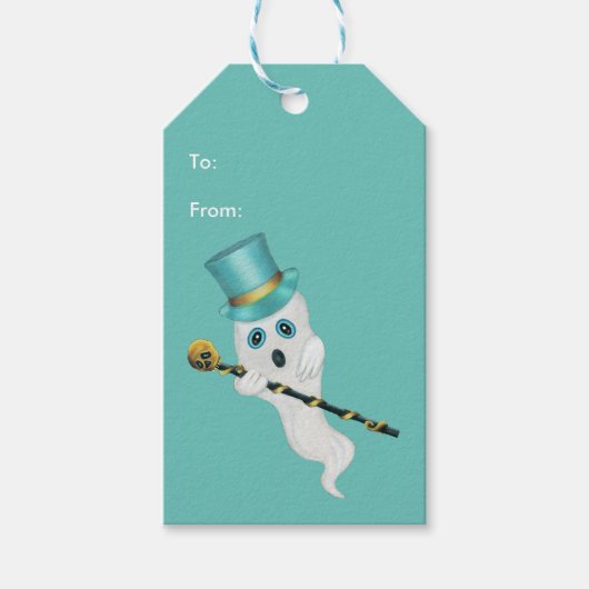 Witte geest met Gekke gezicht in Top Hat Skull Can Cadeaulabel (Voorkant)