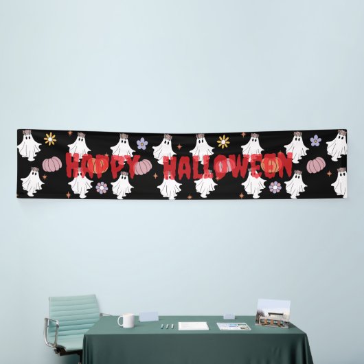 Witte Geest & Pompoen Vlag – Halloween Decoratie Spandoek (Beurs)