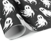 Witte Geesten op zwarte achtergrond Halloween Cadeaupapier (Rol Hoek)
