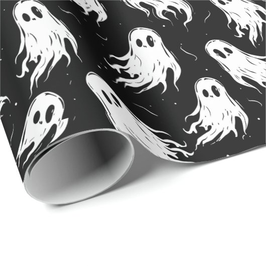 Witte Geesten op zwarte achtergrond Halloween Cadeaupapier (Rol Hoek)