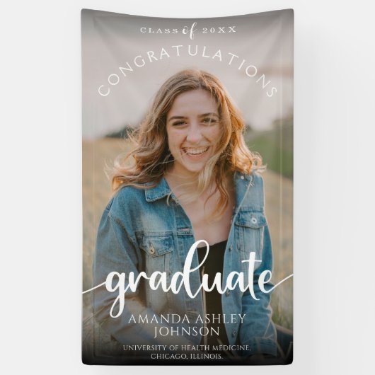 Witte Gefeliciteerd Afstuderen Foto Afstuderen Spandoek (Verticaal)