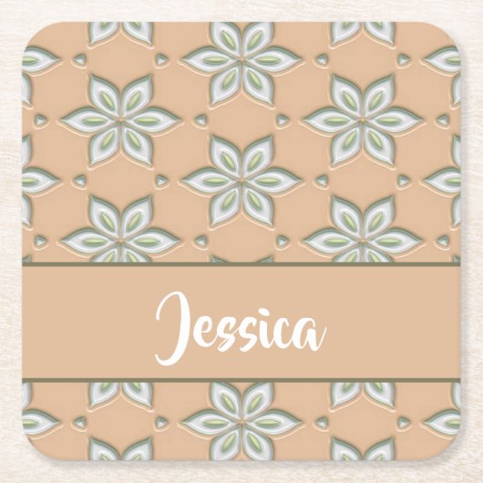 Witte gegraveerde bloemen op bruin kartonnen onderzetters (Voorkant)