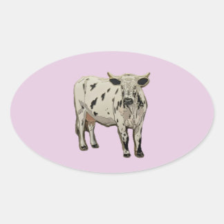 Witte gehoornde koe met bruine vlekken ovale sticker