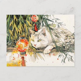 Witte Geisha Kat met Bamboe Bos in Chinese Ink Briefkaart
