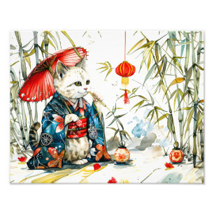 Witte Geisha Kat met Rode Paraplu in Bamboebos Foto Afdruk