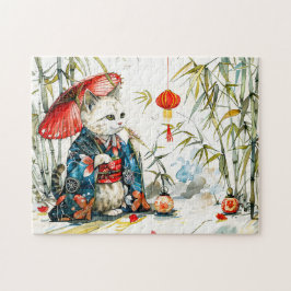 Witte Geisha Kat met Rode Paraplu in Bamboebos Legpuzzel