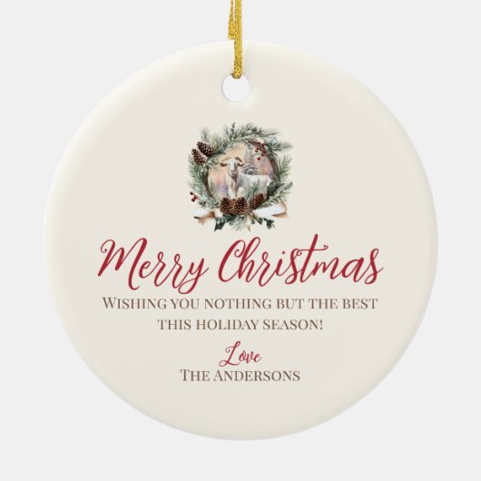 Witte geit boerderij kerst pinecone krans keramisch ornament (Achterkant)