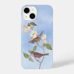 Witte gekleurde Sparrow Audubon Bird met Flowers C iPhone 14 Hoesje