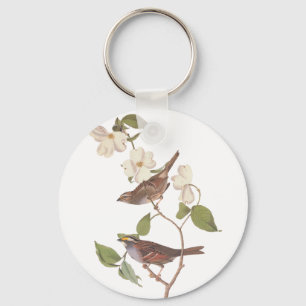 Witte gekleurde Sparrow Audubuon Bird met Flowers Sleutelhanger