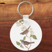 Witte gekleurde Sparrow Audubuon Bird met Flowers Sleutelhanger (Voorkant)
