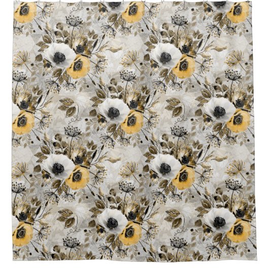 Witte, gele anemonen op een grijs-bruine achtergro douchegordijn (Voorkant)