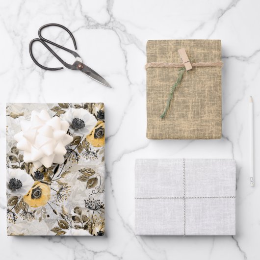 Witte, gele anemonen op een grijs-bruine achtergro inpakpapier vel (Voorkant)