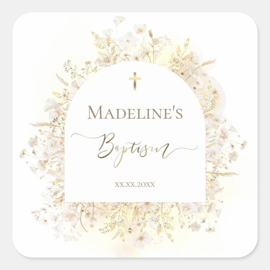 witte gele bloemen Doop Vierkante Sticker (Voorkant)