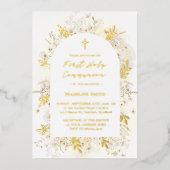 Witte gele bloemen Eerste Heilige Communie Folie Uitnodiging (Voorkant)