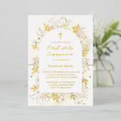 Witte gele bloemen Eerste Heilige Communie Folie Uitnodiging (Staand Voorkant)