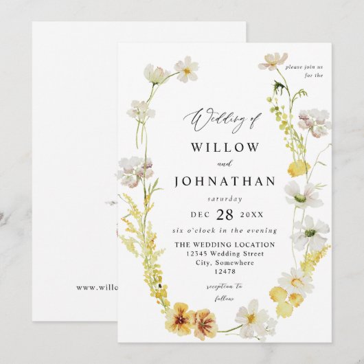 Witte & Gele Bloemen Huwelijk 2 Kaart (Voorkant / Achterkant)