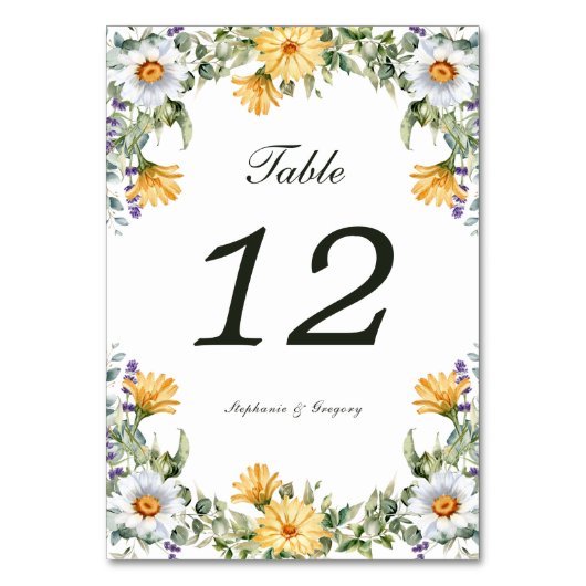 Witte Gele Bloemen Trouwtafel nummer Kaart (Voorkant)