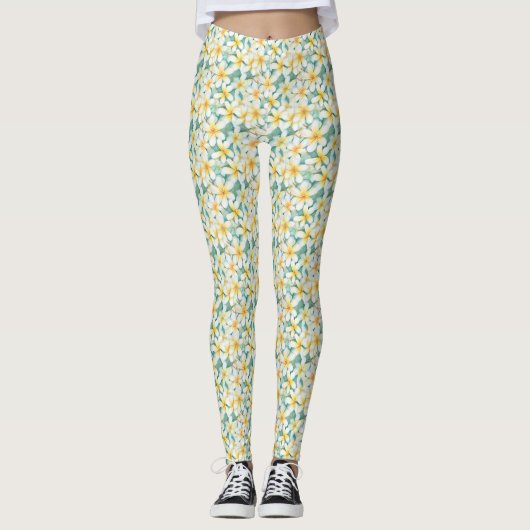 Witte & Gele Frangipani All-Over-Print Leggings (Voorkant)