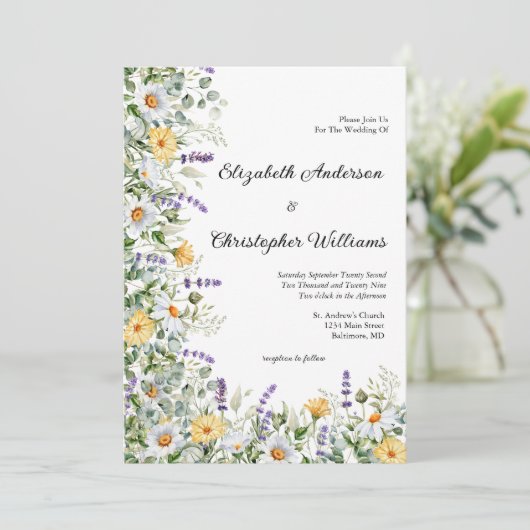 Witte gele lavendel bloemeneucalyptus bruiloft kaart (Staand voorkant)