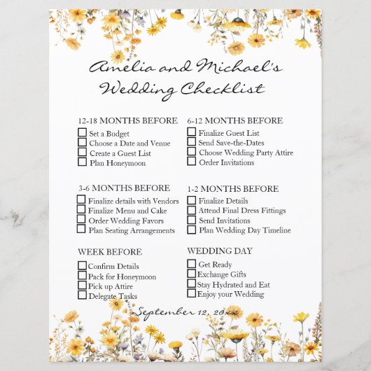 Witte Gele Meadow Wildbloemen Bruiloft Checklist (Voorkant)