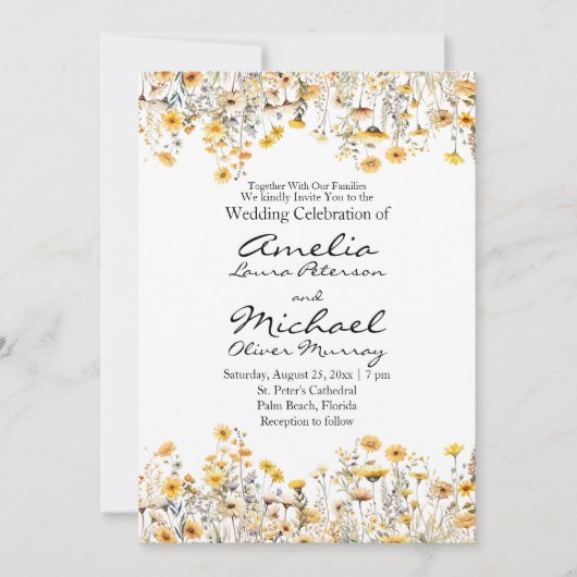 Witte Gele Meadow Wildbloemen Bruiloft Kaart (Voorkant)