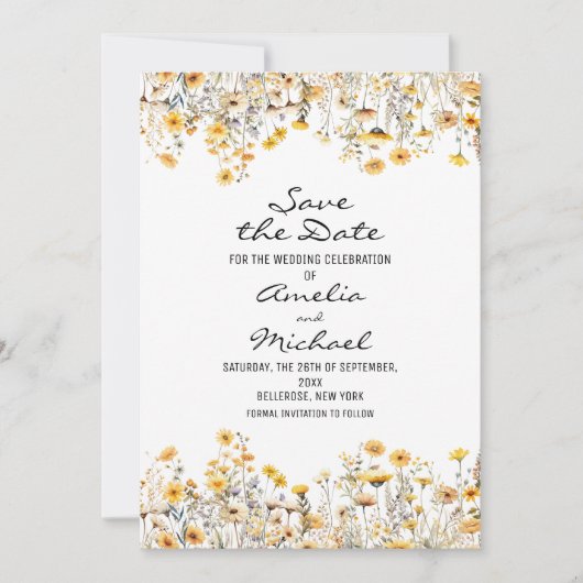 Witte Gele Meadow Wildbloemen Bruiloft Save The Date (Voorkant)