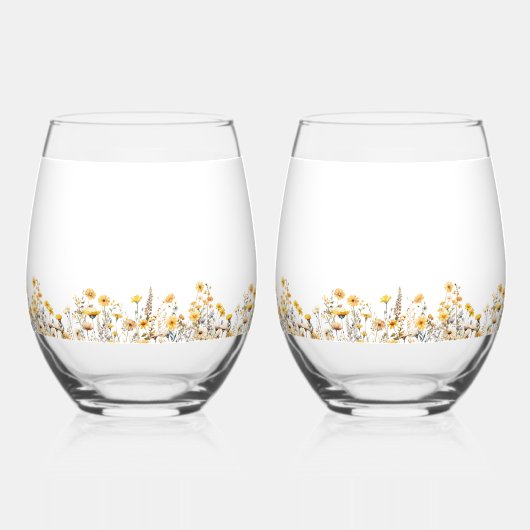 Witte Gele Meadow Wildbloemen Bruiloft Wijnglas Zonder Voet (Achterkant)