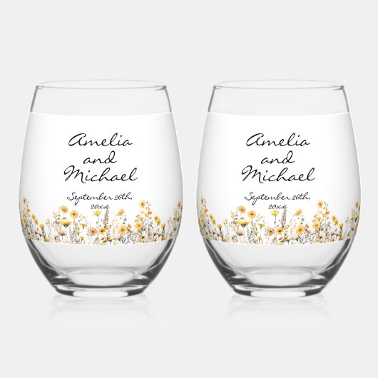 Witte Gele Meadow Wildbloemen Bruiloft Wijnglas Zonder Voet (Voorkant)