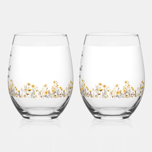 Witte Gele Meadow Wildbloemen Bruiloft Wijnglas Zonder Voet (Links)