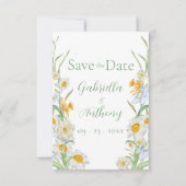 Witte & Gele Narcis Bloem Groen Schrift Save The Date (Voorkant)