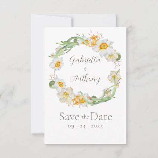 Witte & Gele Narcis Bloemige Bewaar de Datum Save The Date (Voorkant)