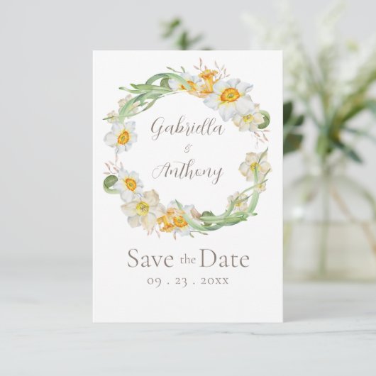 Witte & Gele Narcis Bloemige 'Save the Date' Save The Date (Staand voorkant)