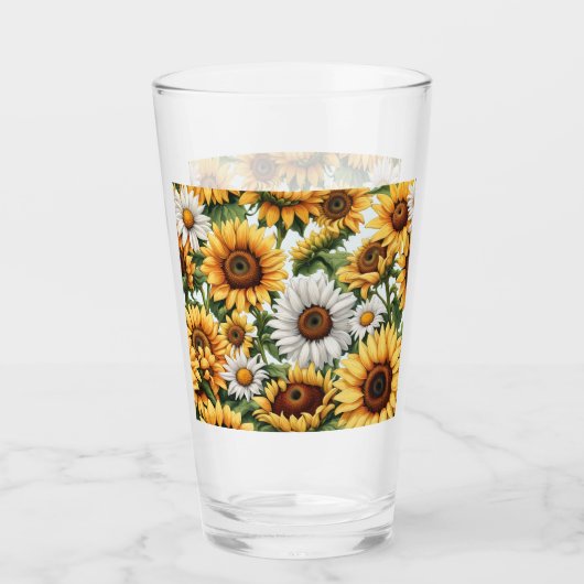 Witte & gele zonnebloem madeliefjes glas (Voorkant)