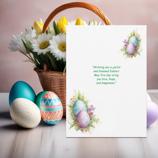 Witte Gelukkige Paashaas met Kleurrijke Eieren Feestdagenkaart