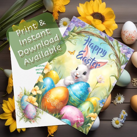 Witte Gelukkige Paashaas met Kleurrijke Eieren Feestdagenkaart