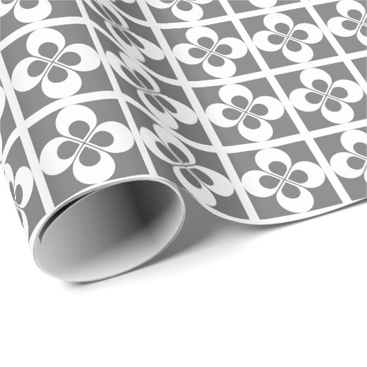 Witte geometrische bloemen op grijs cadeaupapier (Rol Hoek)