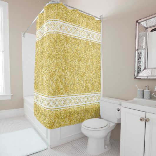 Witte Geometrische gepatterde strepen op goudglitt Douchegordijn (In situ)