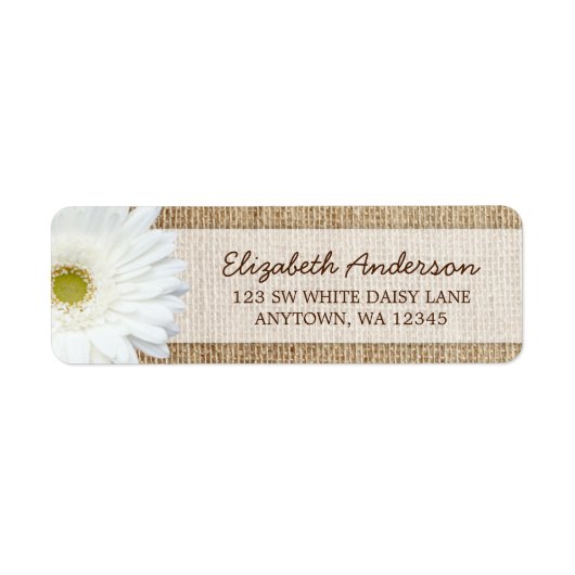 Witte Gerbera Daisy Rustieke Burlap Adres Etiket (Voorkant)