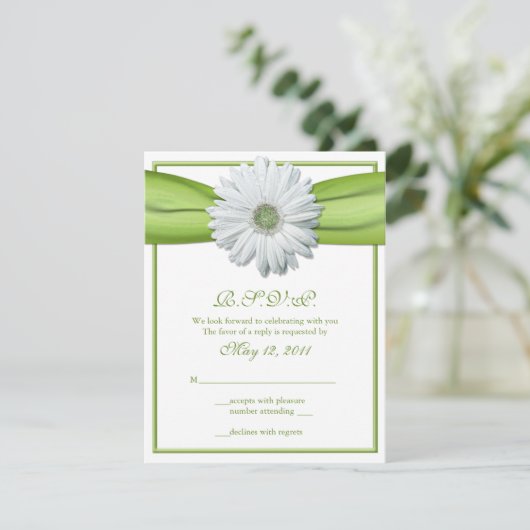 Witte Gerbera met groene lint Reageer Kaart (Staand voorkant)