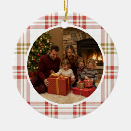 Witte geruite kerst met familie keramisch ornament