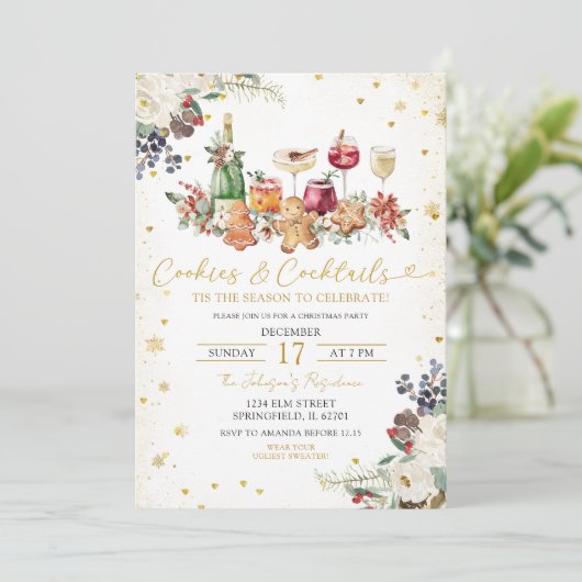 Witte gestrooide koekjes & cocktail kerstfeest kaart (Staand voorkant)
