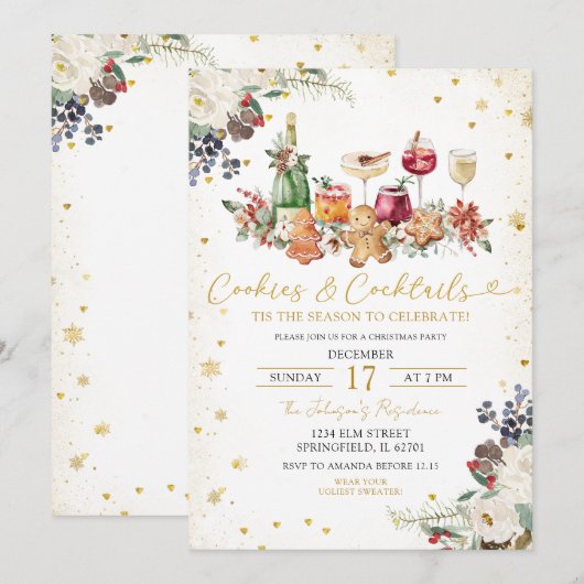 Witte gestrooide koekjes & cocktail kerstfeest kaart (Voorkant / Achterkant)
