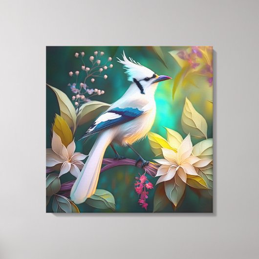 Witte getufte Blauwgroen vleugel Jay Fantasy Bird Canvas Afdruk (Voorkant)