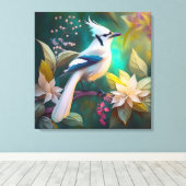 Witte getufte Blauwgroen vleugel Jay Fantasy Bird Canvas Afdruk (Insitu (Houten vloer))