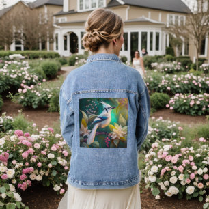 Witte getufte Blauwgroen vleugel Jay Fantasy Bird Denim Jacket