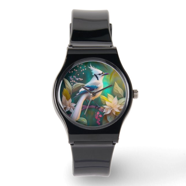 Witte getufte Blauwgroen vleugel Jay Fantasy Bird Horloge (Voorkant)