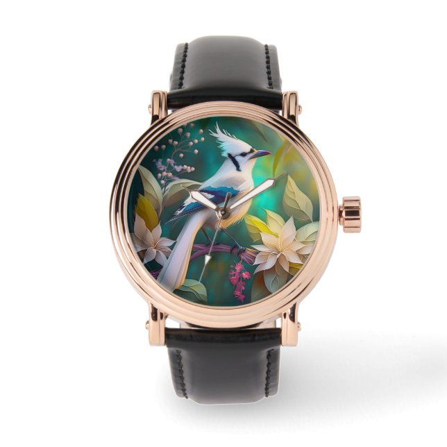 Witte getufte Blauwgroen vleugel Jay Fantasy Bird Horloge (Voorkant)